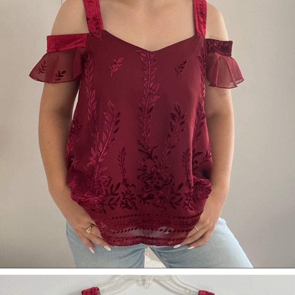 Francesca’s Cold Shoulder Burgundy Velvet Top